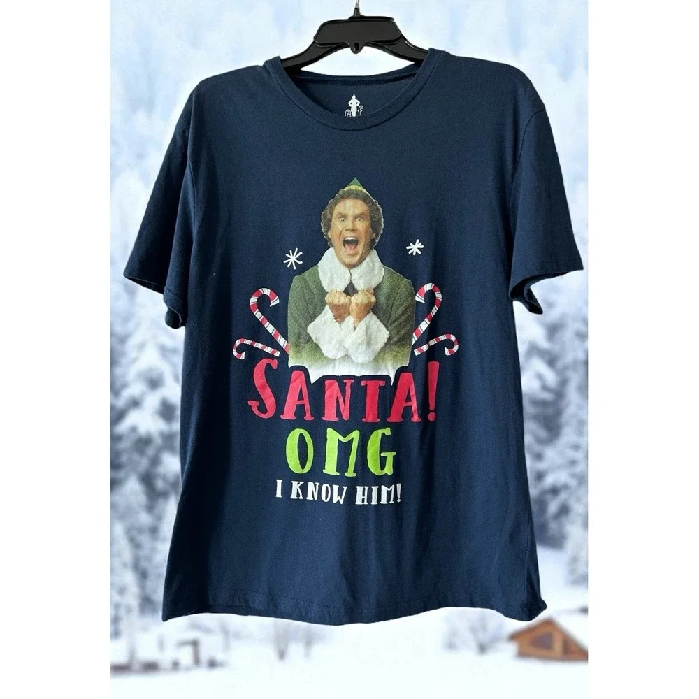Elf Movie Santas Coming OMG I know Him Short Sleeve Crew Blue Shirt Size Large L - Picture 1 of 10
